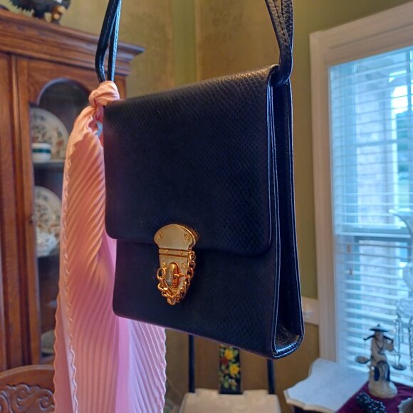 Vintage Black Crocodile Coquette Mini Messenger Bag w/ Baby Pink Twilly - Picture 6 of 15